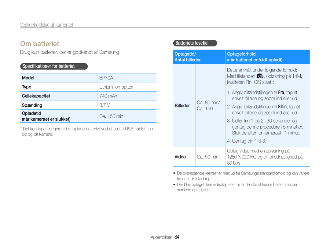 Samsung EC-PL200ZBPBE2, EC-PL200ZBPSE2, EC-PL200ZBPRE2 manual Om batteriet, Specifikationer for batteriet, Batteriets levetid 