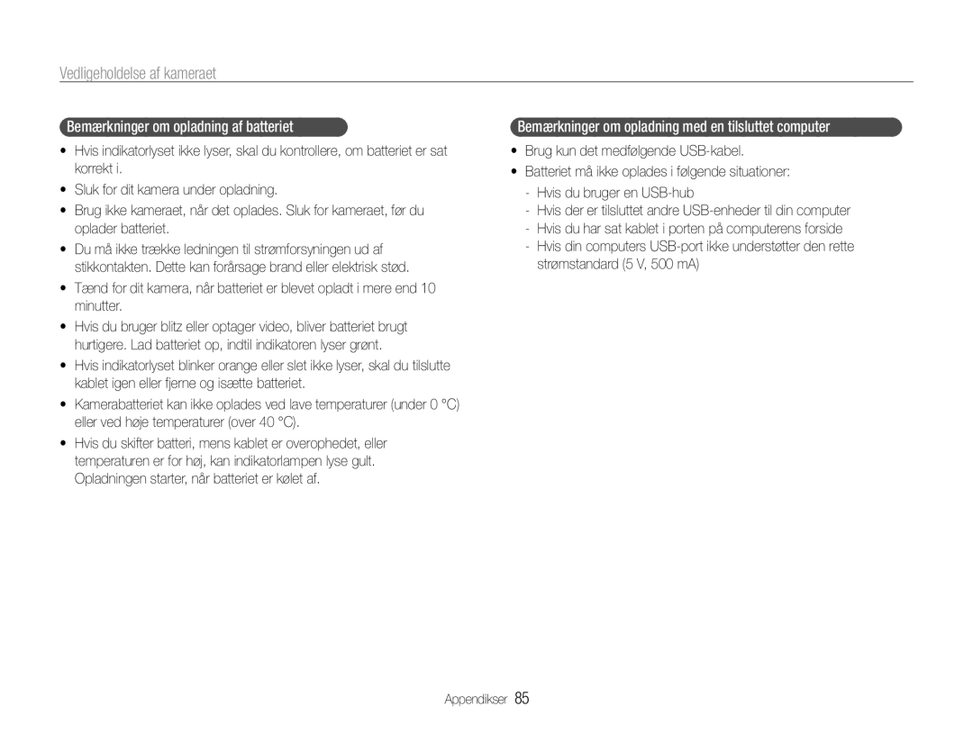 Samsung EC-PL200ZBPRE2 manual Bemærkninger om opladning af batteriet, Bemærkninger om opladning med en tilsluttet computer 