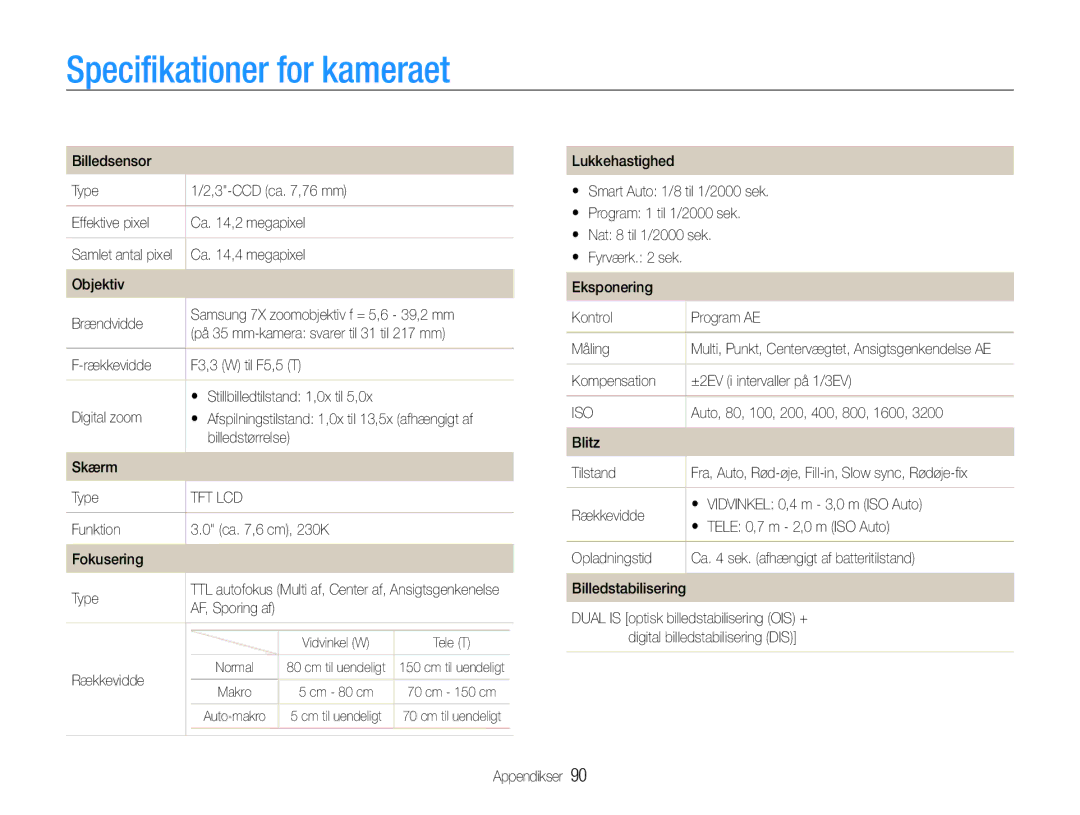 Samsung EC-PL200ZBPBE2, EC-PL200ZBPSE2, EC-PL200ZBPRE2 manual Specifikationer for kameraet 