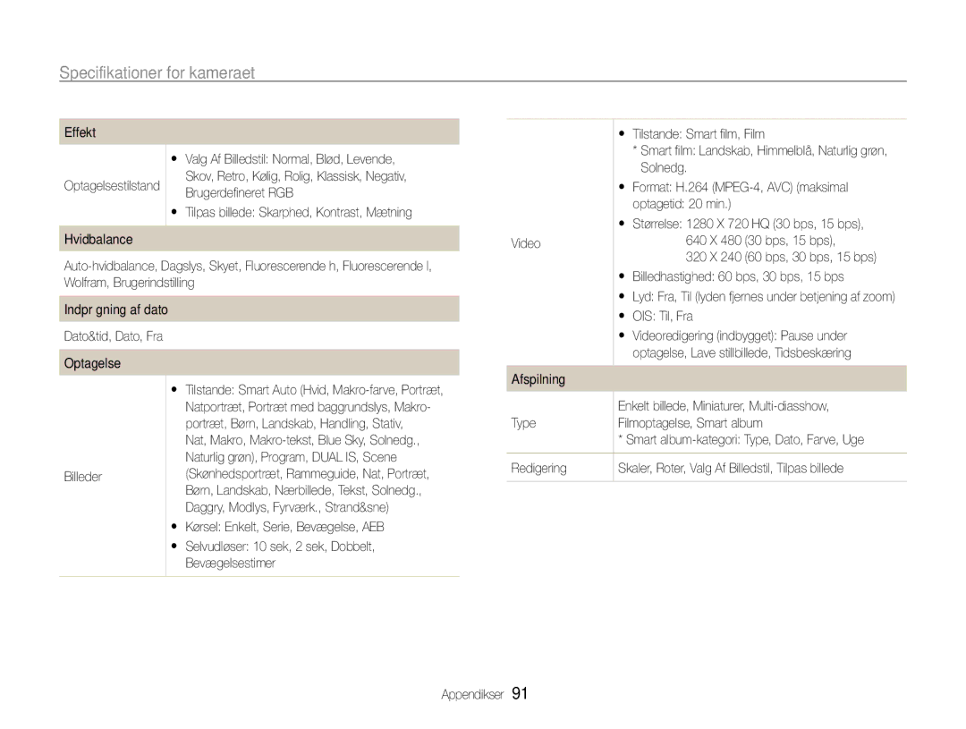 Samsung EC-PL200ZBPRE2, EC-PL200ZBPSE2, EC-PL200ZBPBE2 manual Specifikationer for kameraet 