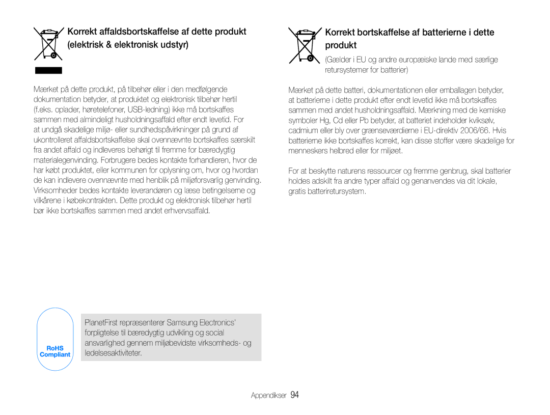 Samsung EC-PL200ZBPRE2, EC-PL200ZBPSE2, EC-PL200ZBPBE2 manual Korrekt bortskaffelse af batterierne i dette produkt 