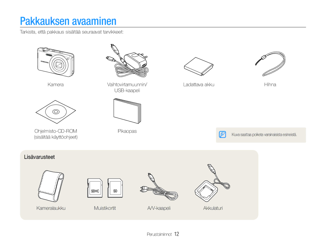 Samsung EC-PL200ZBPBE2, EC-PL200ZBPSE2, EC-PL200ZBPRE2 manual Pakkauksen avaaminen, Lisävarusteet 