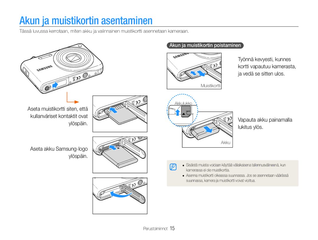 Samsung EC-PL200ZBPBE2, EC-PL200ZBPSE2 manual Akun ja muistikortin asentaminen, Vapauta akku painamalla lukitus ylös, Akku 