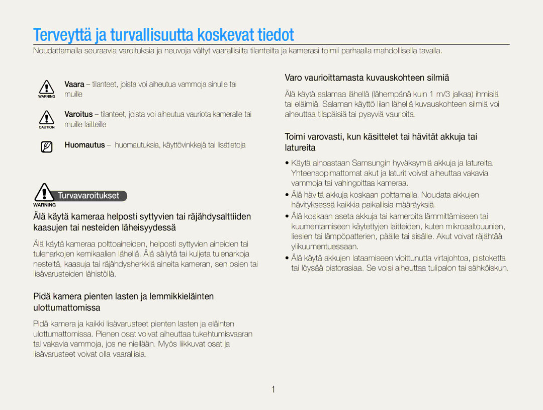 Samsung EC-PL200ZBPRE2, EC-PL200ZBPSE2, EC-PL200ZBPBE2 manual Varo vaurioittamasta kuvauskohteen silmiä, Turvavaroitukset 