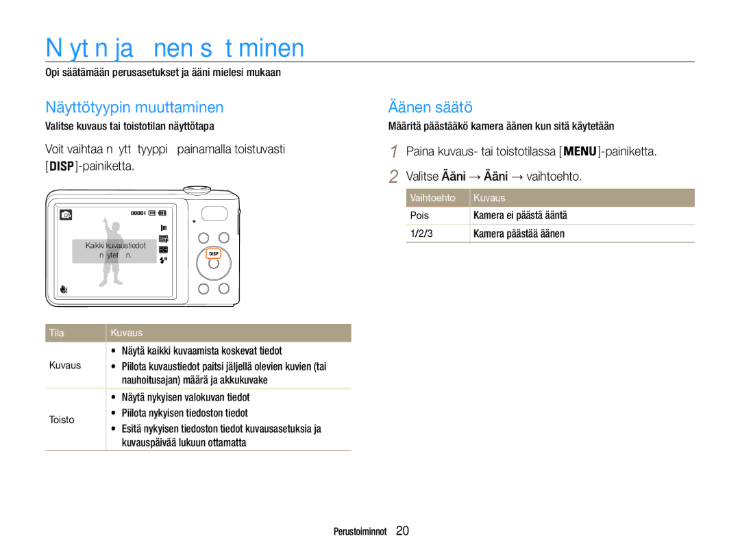 Samsung EC-PL200ZBPSE2, EC-PL200ZBPBE2, EC-PL200ZBPRE2 Näytön ja äänen säätäminen, Näyttötyypin muuttaminen, Äänen säätö 