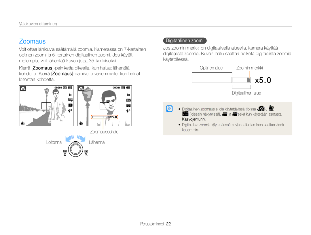 Samsung EC-PL200ZBPRE2, EC-PL200ZBPSE2, EC-PL200ZBPBE2 manual Zoomaus, Valokuvien ottaminen, Digitaalinen zoom 