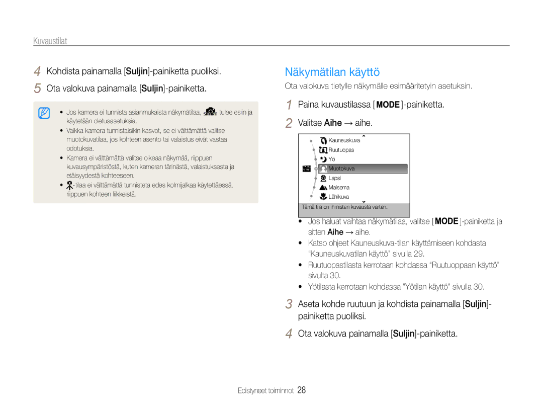 Samsung EC-PL200ZBPRE2, EC-PL200ZBPSE2, EC-PL200ZBPBE2 manual Näkymätilan käyttö, Kuvaustilat, Valitse Aihe → aihe 