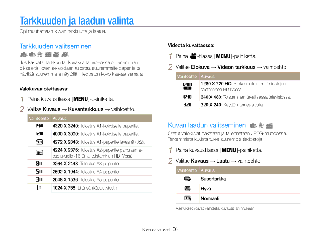 Samsung EC-PL200ZBPBE2, EC-PL200ZBPSE2 Tarkkuuden ja laadun valinta, Tarkkuuden valitseminen, Kuvan laadun valitseminen 