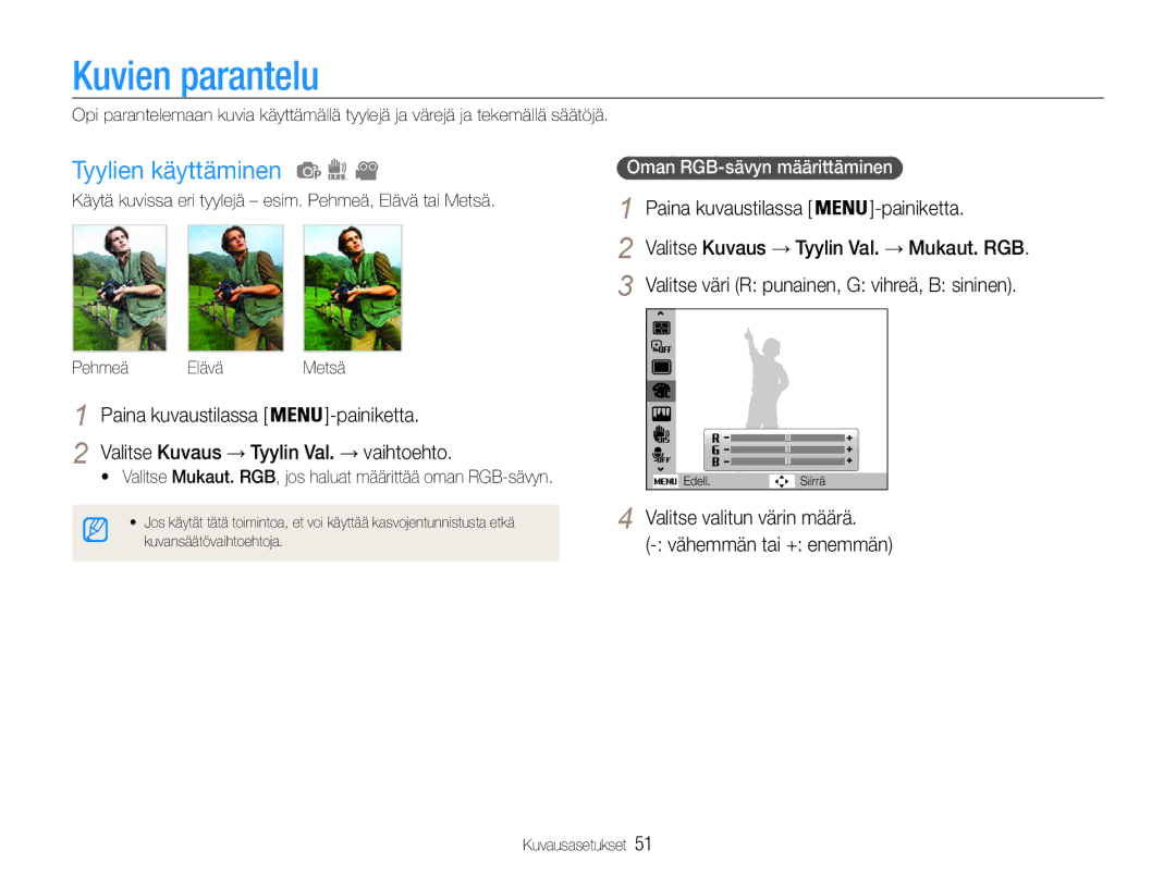 Samsung EC-PL200ZBPBE2 Kuvien parantelu, Tyylien käyttäminen, Valitse valitun värin määrä, Oman RGB-sävyn määrittäminen 