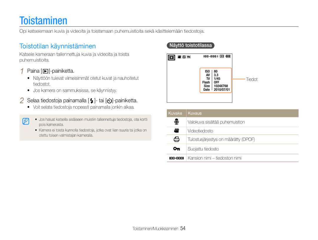 Samsung EC-PL200ZBPBE2, EC-PL200ZBPSE2 Toistaminen, Toistotilan käynnistäminen, Paina -painiketta, Näyttö toistotilassa 