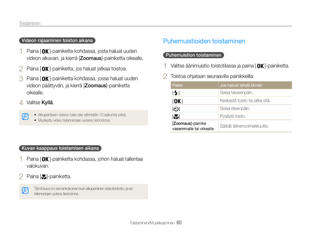 Samsung EC-PL200ZBPBE2 Puhemuistioiden toistaminen, Valokuvan, Videon rajaaminen toiston aikana, Puhemuistion toistaminen 