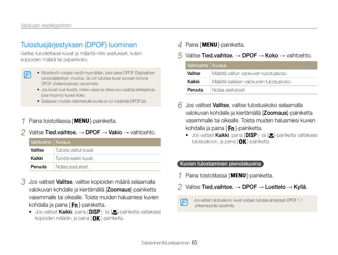 Samsung EC-PL200ZBPSE2, EC-PL200ZBPBE2 manual Tulostusjärjestyksen Dpof luominen, Kuvien tulostaminen pienoiskuvina 