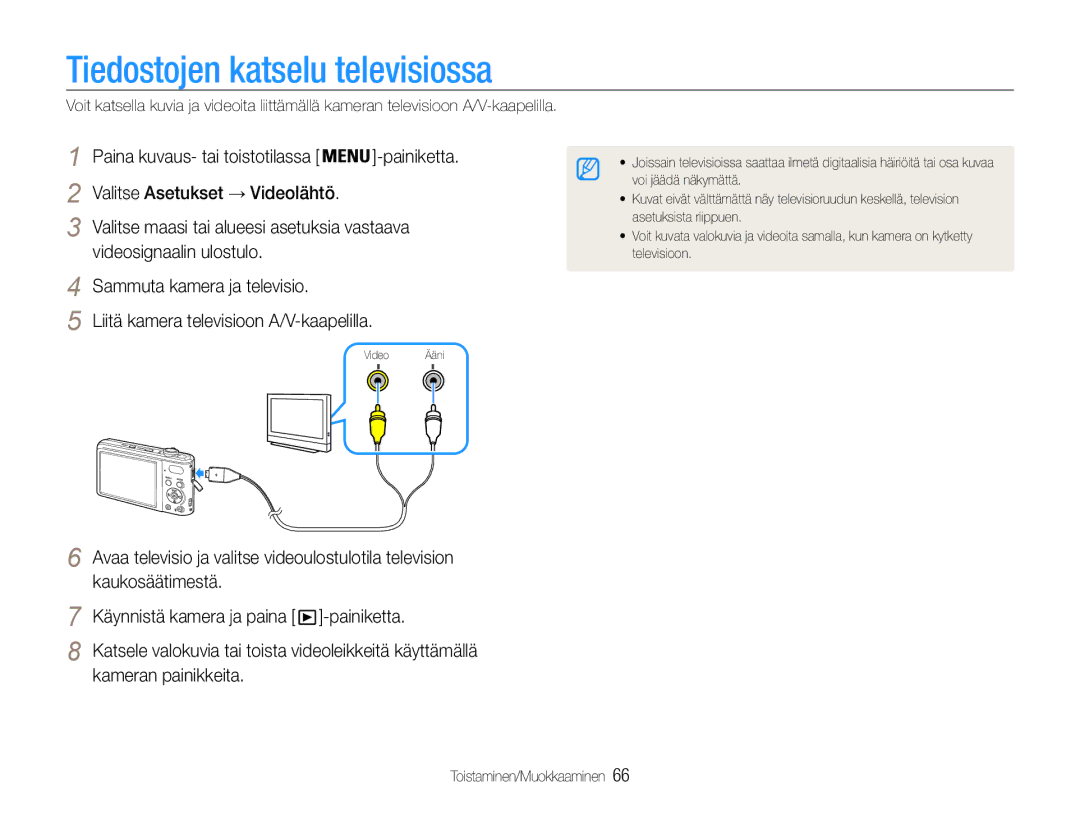 Samsung EC-PL200ZBPBE2, EC-PL200ZBPSE2, EC-PL200ZBPRE2 manual Tiedostojen katselu televisiossa, Kameran painikkeita 