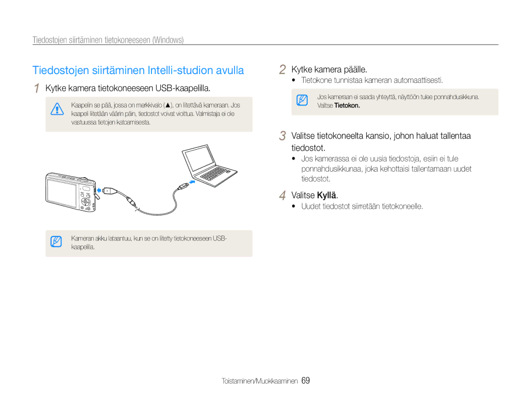 Samsung EC-PL200ZBPBE2 manual Tiedostojen siirtäminen Intelli-studion avulla, Kytke kamera tietokoneeseen USB-kaapelilla 