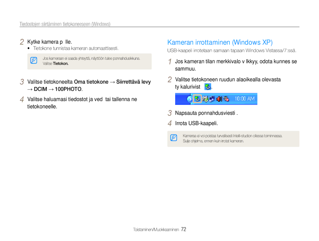 Samsung EC-PL200ZBPBE2 manual Kameran irrottaminen Windows XP, USB-kaapeli irrotetaan samaan tapaan Windows Vistassa/7ssä 