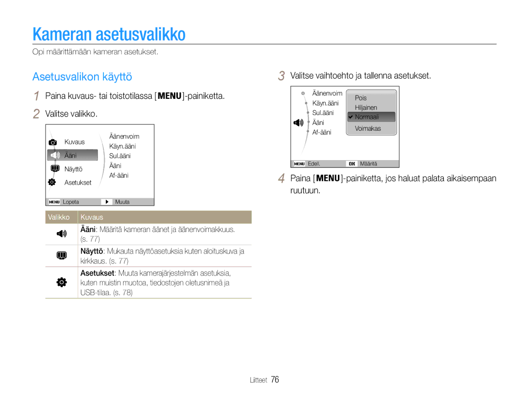 Samsung EC-PL200ZBPRE2, EC-PL200ZBPSE2, EC-PL200ZBPBE2 manual Kameran asetusvalikko, Asetusvalikon käyttö 