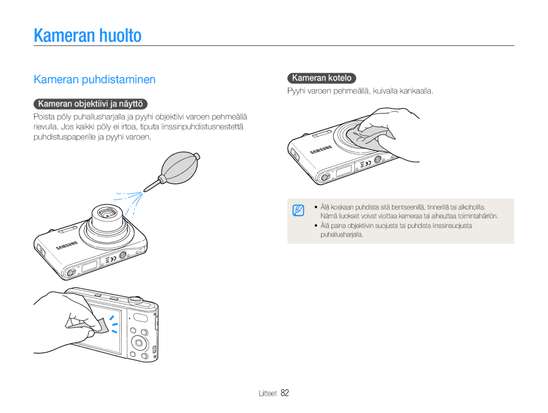 Samsung EC-PL200ZBPRE2, EC-PL200ZBPSE2 Kameran huolto, Kameran puhdistaminen, Kameran objektiivi ja näyttö, Kameran kotelo 