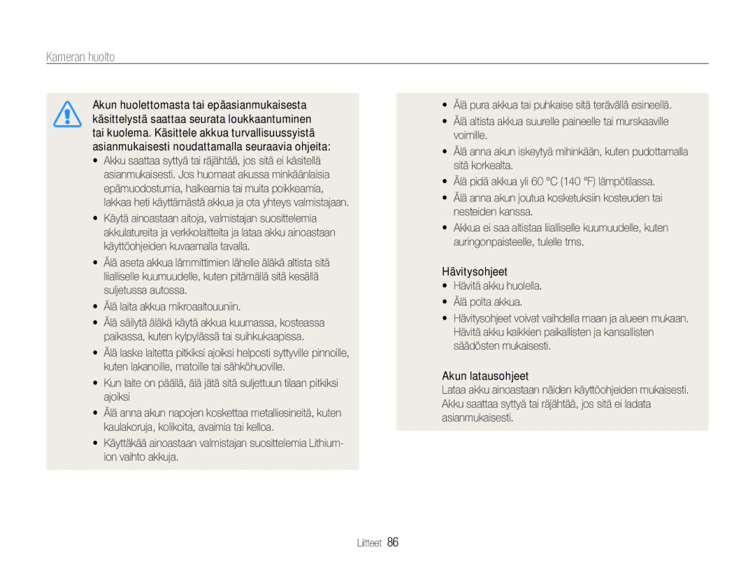 Samsung EC-PL200ZBPSE2, EC-PL200ZBPBE2, EC-PL200ZBPRE2 manual Kameran huolto 