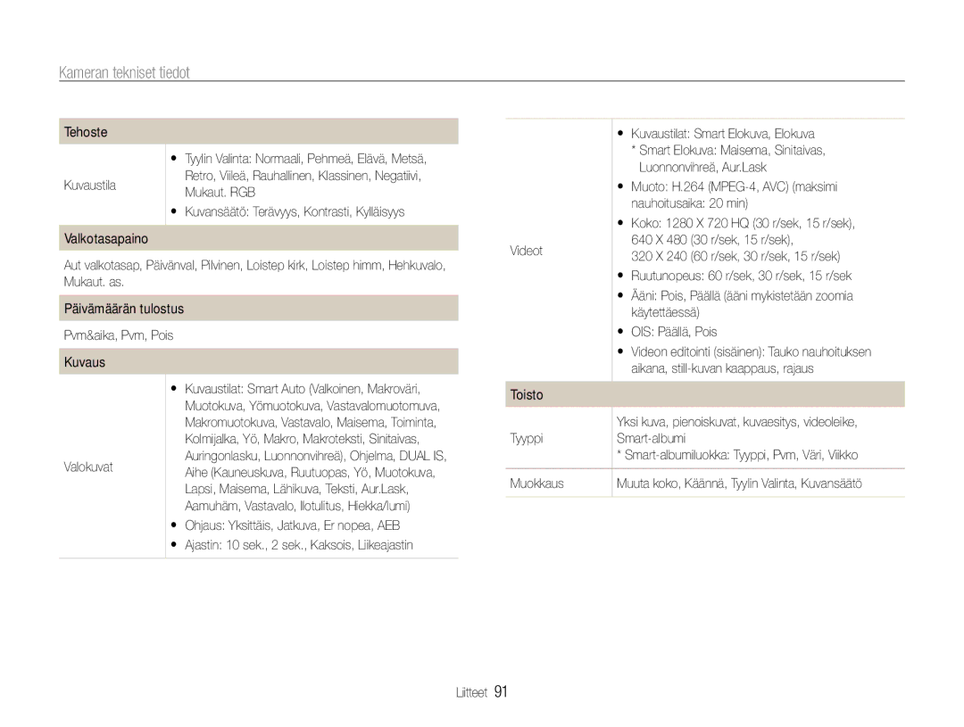 Samsung EC-PL200ZBPRE2, EC-PL200ZBPSE2, EC-PL200ZBPBE2 manual Kameran tekniset tiedot 