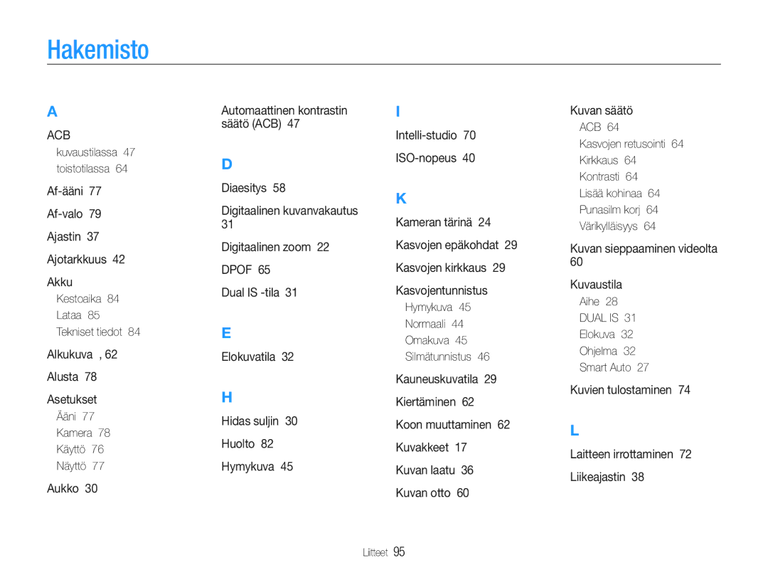 Samsung EC-PL200ZBPSE2 manual Hakemisto, Ääni 77 Kamera 78 Käyttö 76 Näyttö, Hymykuva Normaali Omakuva Silmätunnistus 