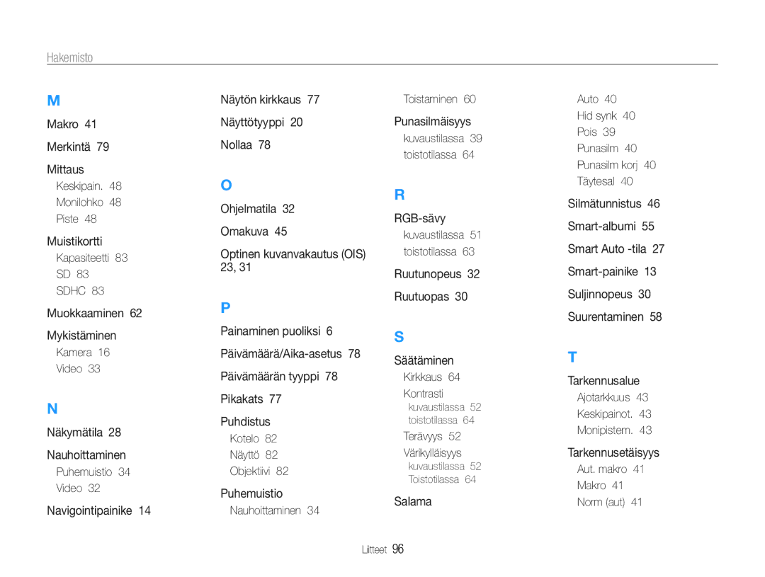 Samsung EC-PL200ZBPBE2, EC-PL200ZBPSE2, EC-PL200ZBPRE2 manual Hakemisto 