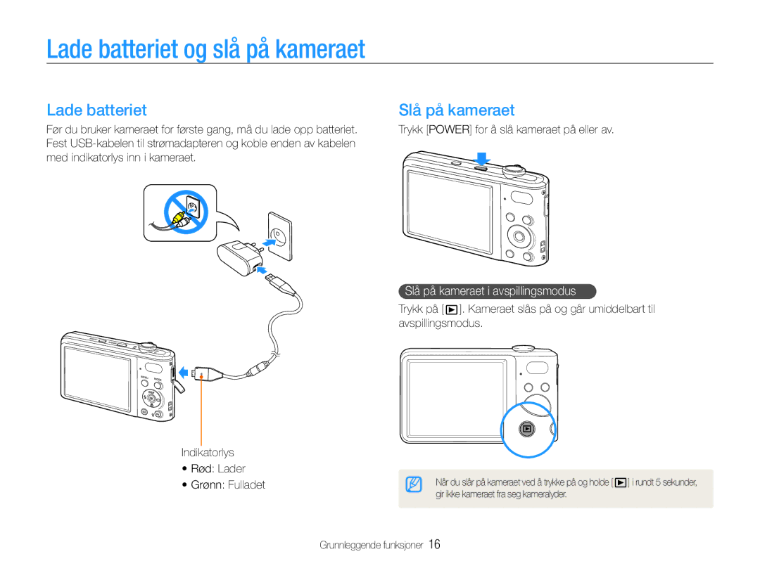 Samsung EC-PL200ZBPRE2, EC-PL200ZBPSE2 manual Lade batteriet og slå på kameraet, Slå på kameraet i avspillingsmodus 