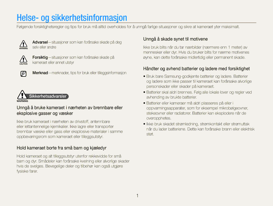 Samsung EC-PL200ZBPRE2 manual Helse- og sikkerhetsinformasjon, Unngå å skade synet til motivene, Sikkerhetsadvarsler 