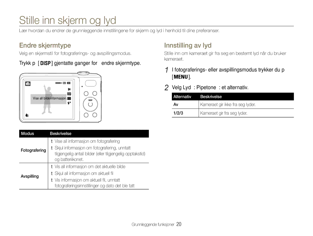 Samsung EC-PL200ZBPSE2, EC-PL200ZBPBE2, EC-PL200ZBPRE2 manual Stille inn skjerm og lyd, Endre skjermtype, Innstilling av lyd 