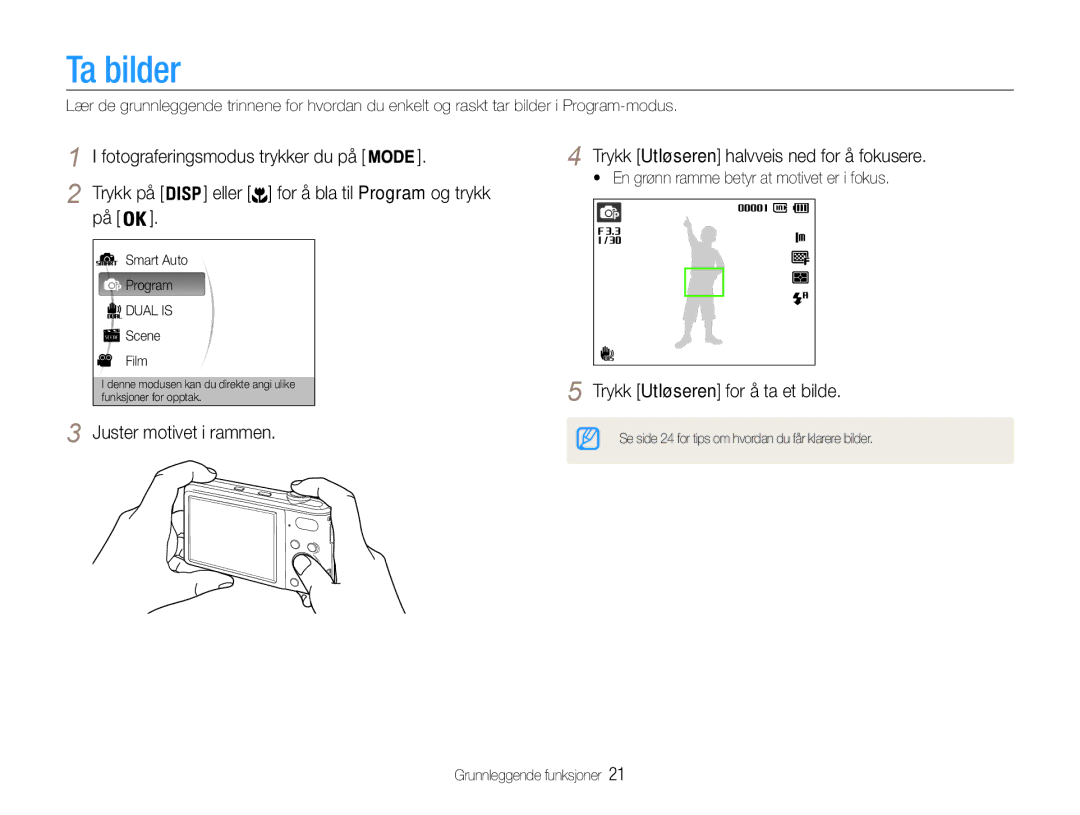 Samsung EC-PL200ZBPBE2, EC-PL200ZBPSE2, EC-PL200ZBPRE2 manual Ta bilder, Trykk Utløseren for å ta et bilde 