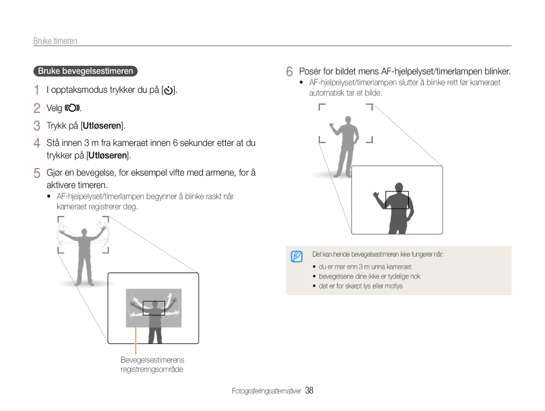 Samsung EC-PL200ZBPSE2 manual Bruke timeren, Opptaksmodus trykker du på, Velg Trykk på Utløseren, Trykker på Utløseren 