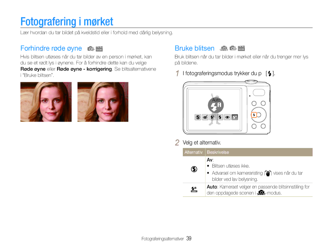 Samsung EC-PL200ZBPBE2, EC-PL200ZBPSE2 Fotografering i mørket, Forhindre røde øyne, Bruke blitsen, Blitsen utløses ikke 