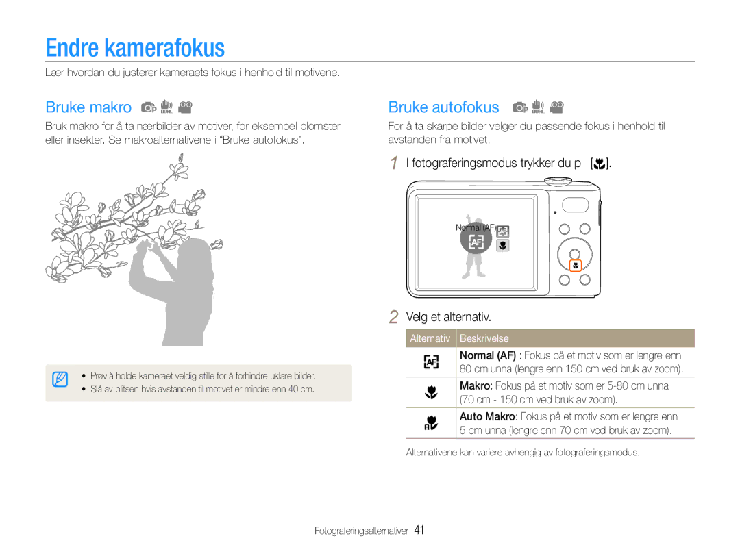 Samsung EC-PL200ZBPSE2, EC-PL200ZBPBE2, EC-PL200ZBPRE2 manual Endre kamerafokus, Bruke makro, Bruke autofokus 