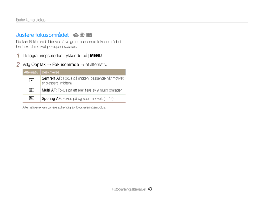 Samsung EC-PL200ZBPRE2, EC-PL200ZBPSE2, EC-PL200ZBPBE2 manual Justere fokusområdet, Velg Opptak → Fokusområde → et alternativ 