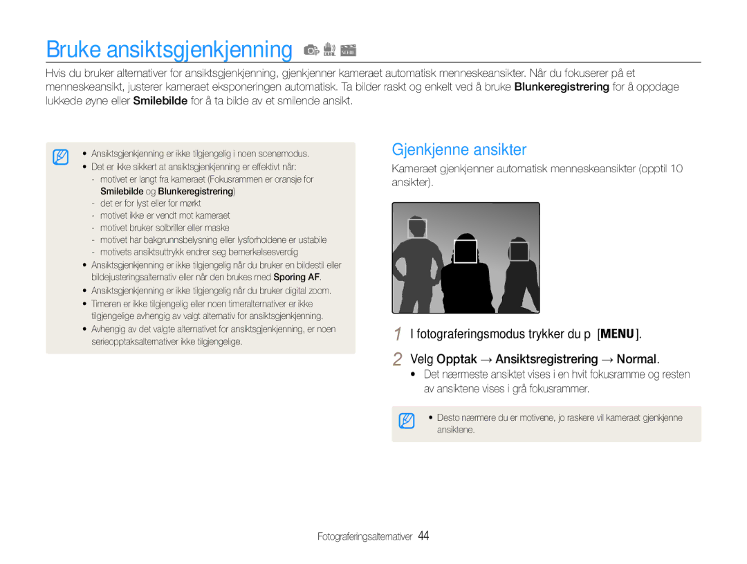 Samsung EC-PL200ZBPSE2, EC-PL200ZBPBE2, EC-PL200ZBPRE2 manual Bruke ansiktsgjenkjenning, Gjenkjenne ansikter 