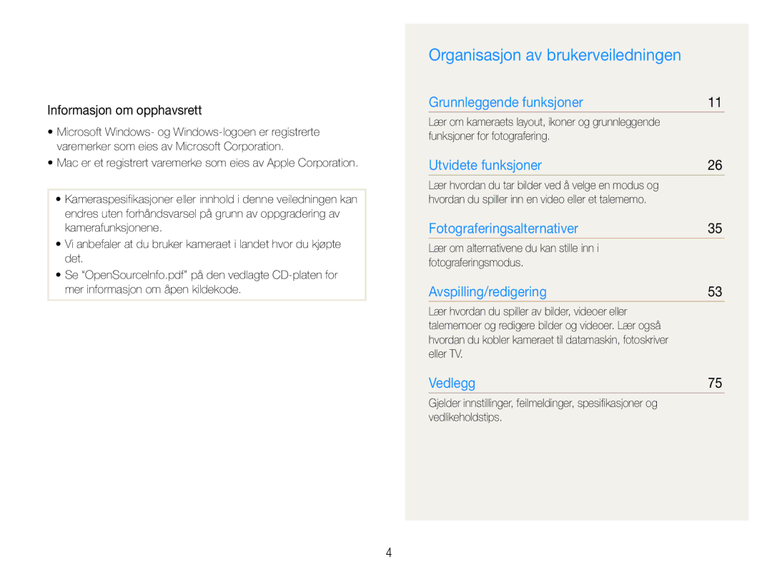 Samsung EC-PL200ZBPRE2, EC-PL200ZBPSE2, EC-PL200ZBPBE2 manual Organisasjon av brukerveiledningen, Informasjon om opphavsrett 