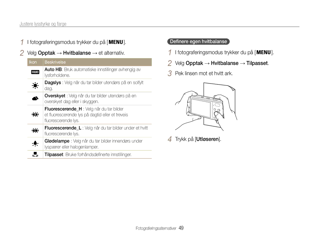 Samsung EC-PL200ZBPRE2, EC-PL200ZBPSE2 manual Pek linsen mot et hvitt ark Trykk på Utløseren, Definere egen hvitbalanse 