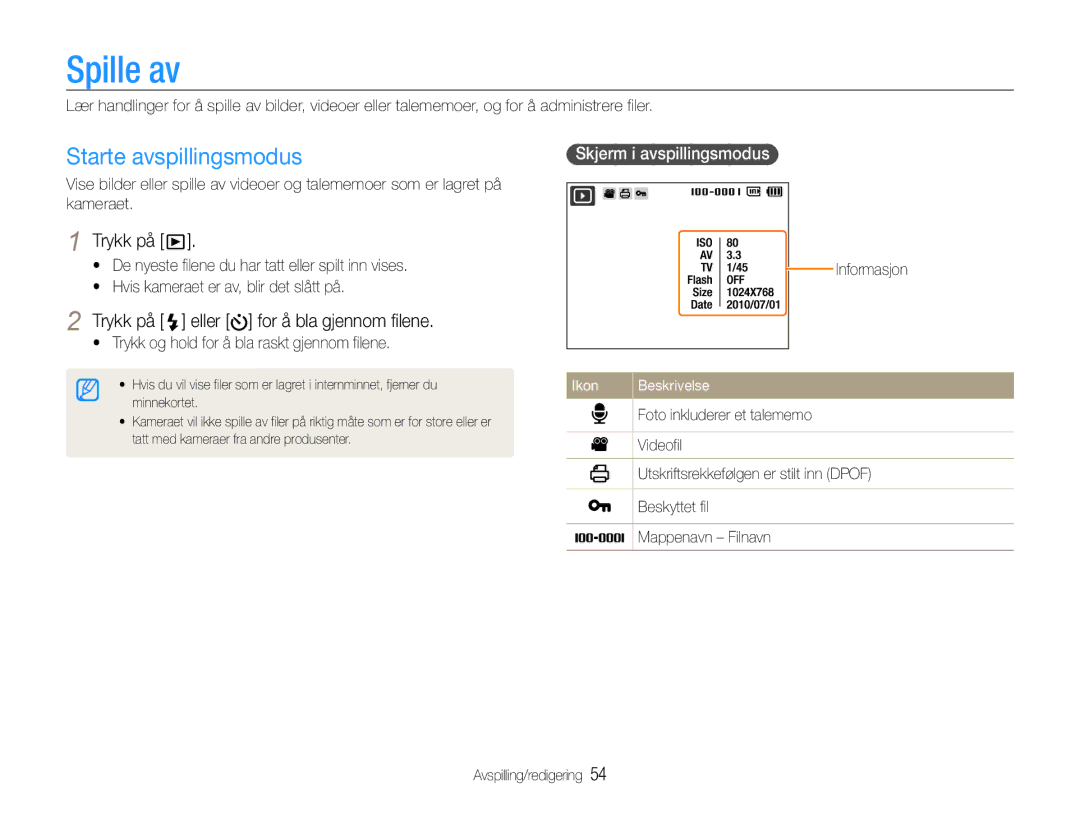 Samsung EC-PL200ZBPBE2, EC-PL200ZBPSE2 manual Spille av, Starte avspillingsmodus, Trykk på eller for å bla gjennom filene 