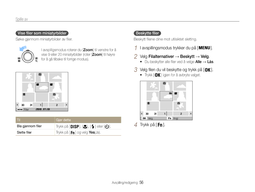 Samsung EC-PL200ZBPSE2 manual Avspillingsmodus trykker du på, Vise filer som miniatyrbilder, Beskytte filer, Til Gjør dette 