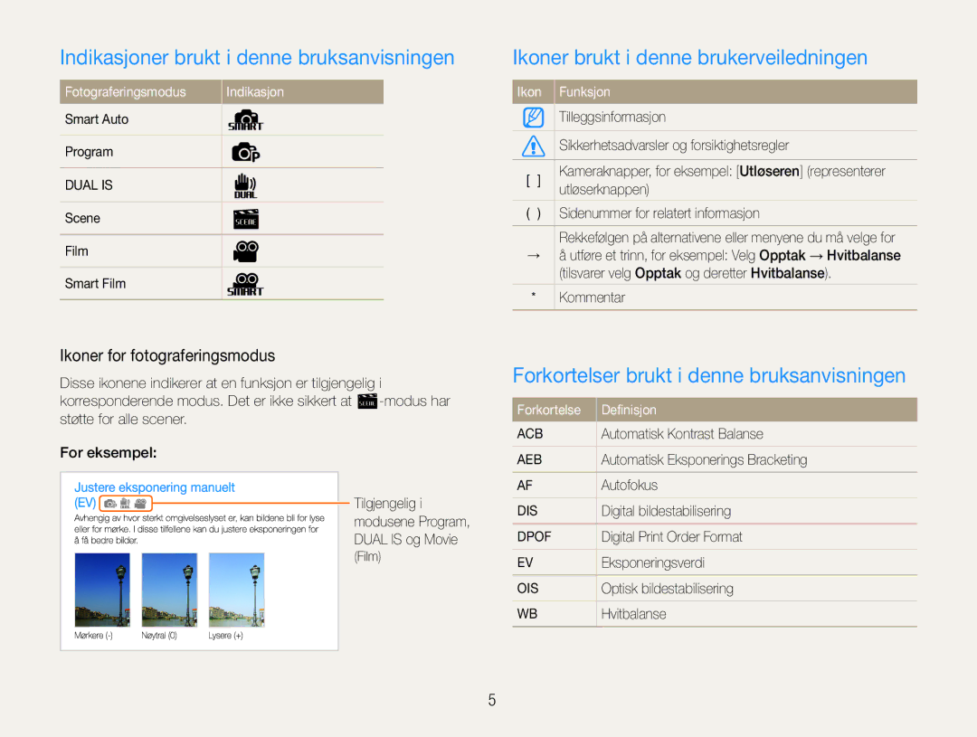 Samsung EC-PL200ZBPSE2 manual Indikasjoner brukt i denne bruksanvisningen, Ikoner brukt i denne brukerveiledningen 