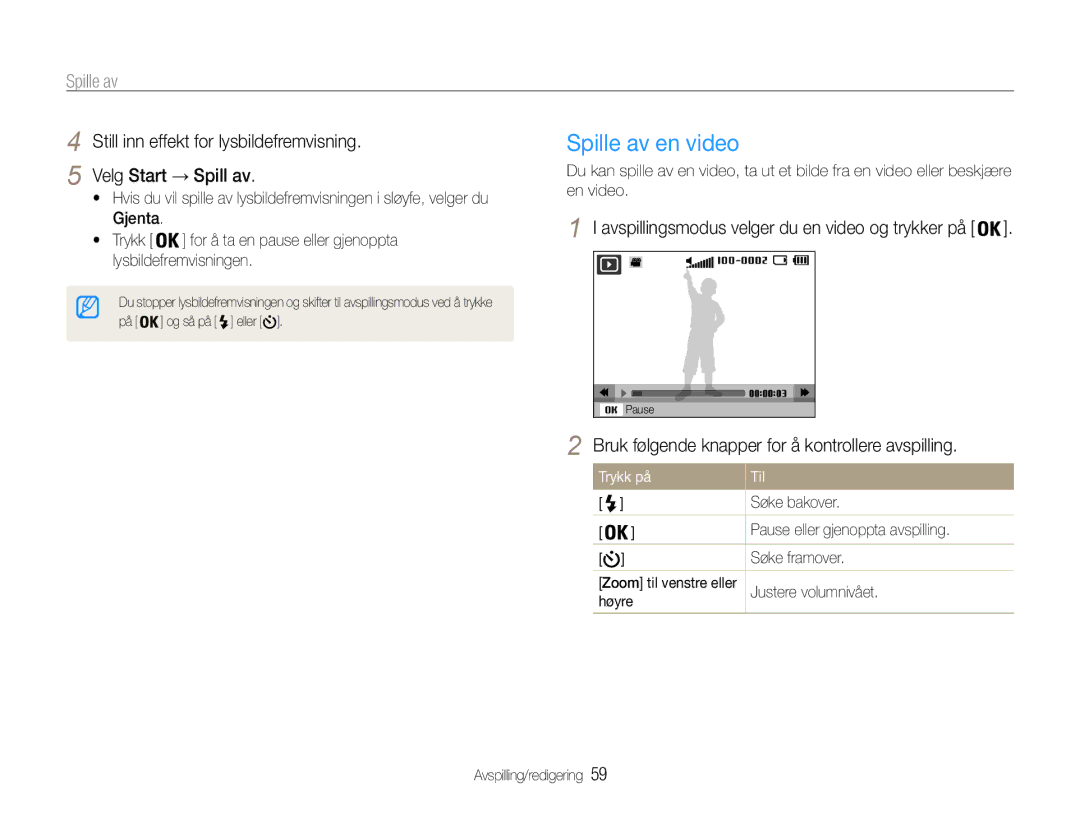 Samsung EC-PL200ZBPSE2 manual Spille av en video, Bruk følgende knapper for å kontrollere avspilling, Trykk på Til 