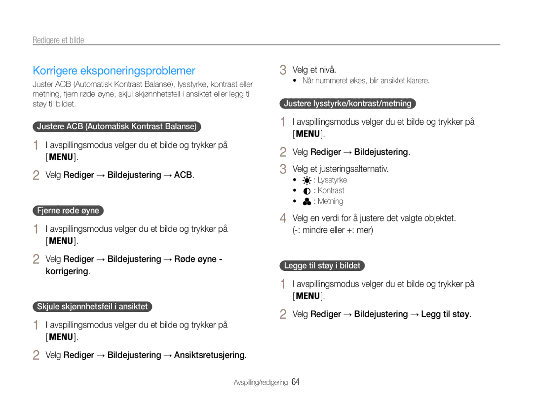 Samsung EC-PL200ZBPRE2, EC-PL200ZBPSE2, EC-PL200ZBPBE2 manual Korrigere eksponeringsproblemer 