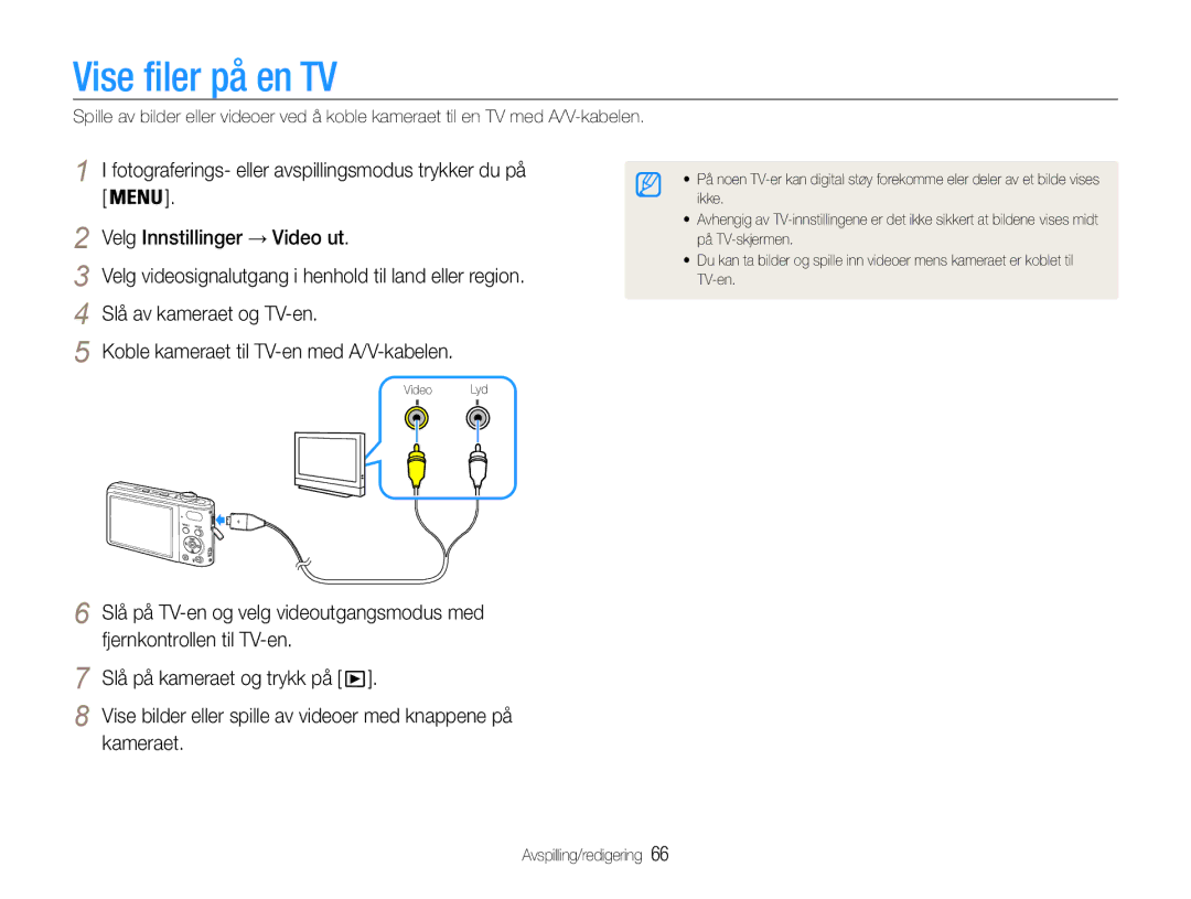 Samsung EC-PL200ZBPBE2 Vise filer på en TV, Fotograferings- eller avspillingsmodus trykker du på, Slå av kameraet og TV-en 