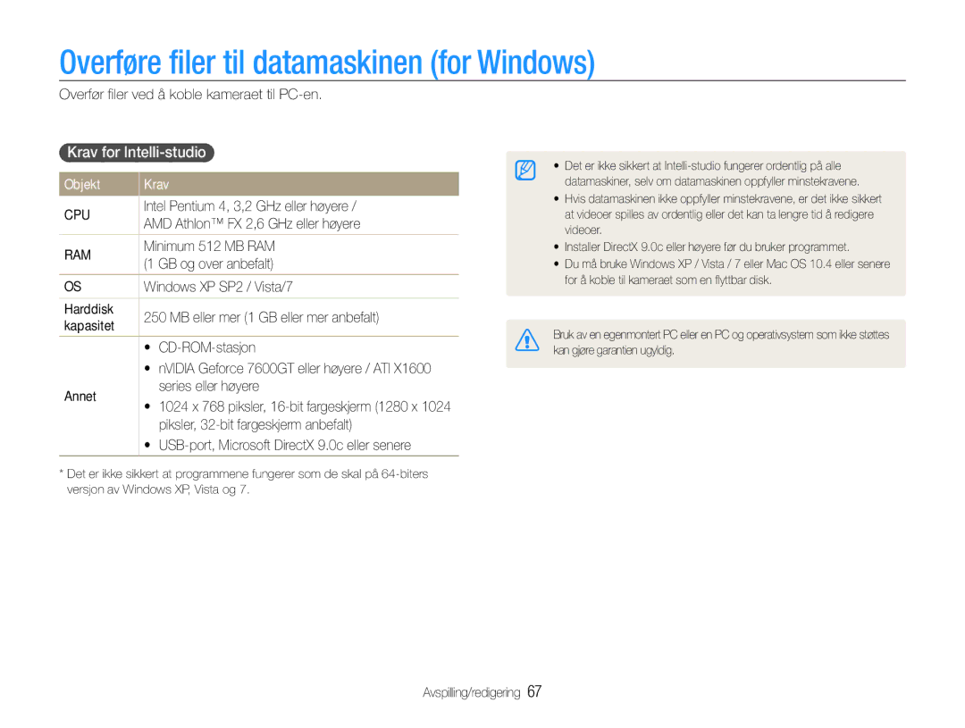 Samsung EC-PL200ZBPRE2, EC-PL200ZBPSE2 Overføre filer til datamaskinen for Windows, Krav for Intelli-studio, Objekt Krav 