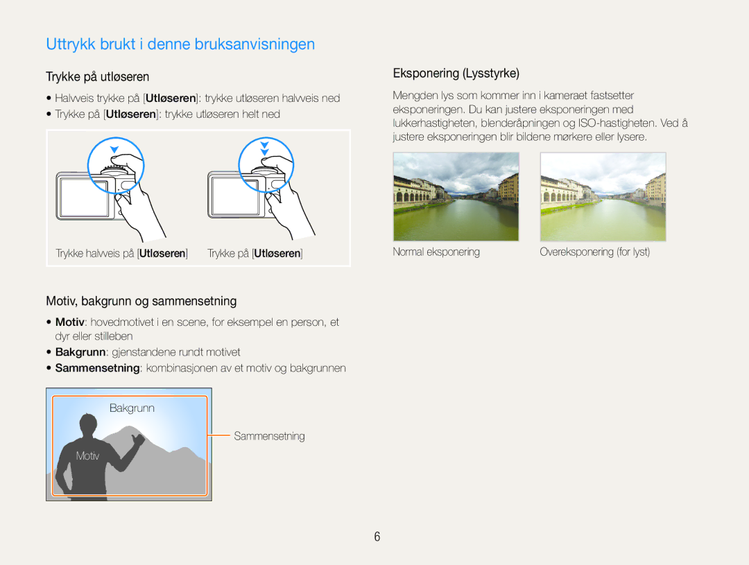 Samsung EC-PL200ZBPBE2 manual Uttrykk brukt i denne bruksanvisningen, Trykke på utløseren, Motiv, bakgrunn og sammensetning 