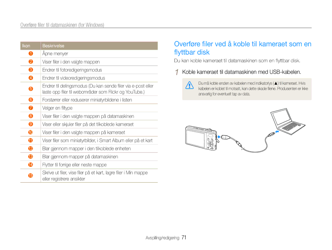 Samsung EC-PL200ZBPSE2, EC-PL200ZBPBE2, EC-PL200ZBPRE2 manual Overføre filer ved å koble til kameraet som en flyttbar disk 