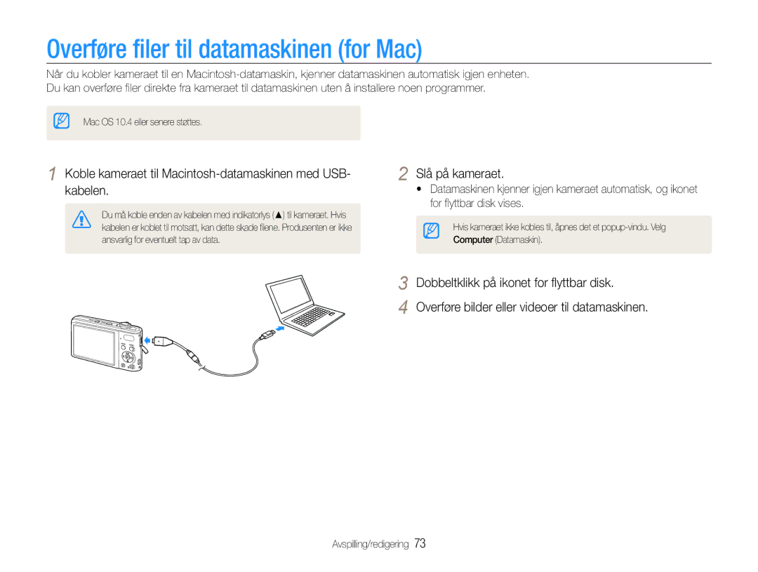 Samsung EC-PL200ZBPRE2 Overføre filer til datamaskinen for Mac, Koble kameraet til Macintosh-datamaskinen med USB- kabelen 