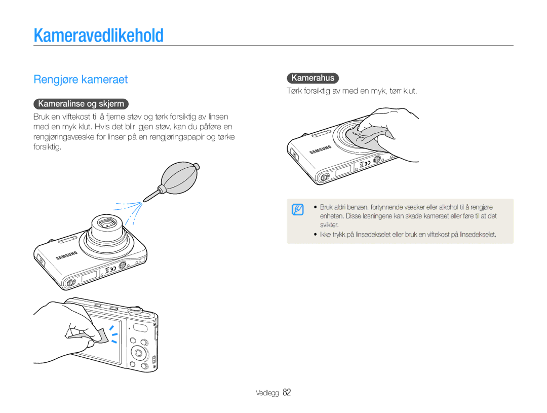 Samsung EC-PL200ZBPRE2, EC-PL200ZBPSE2 manual Kameravedlikehold, Rengjøre kameraet, Kameralinse og skjerm, Kamerahus 