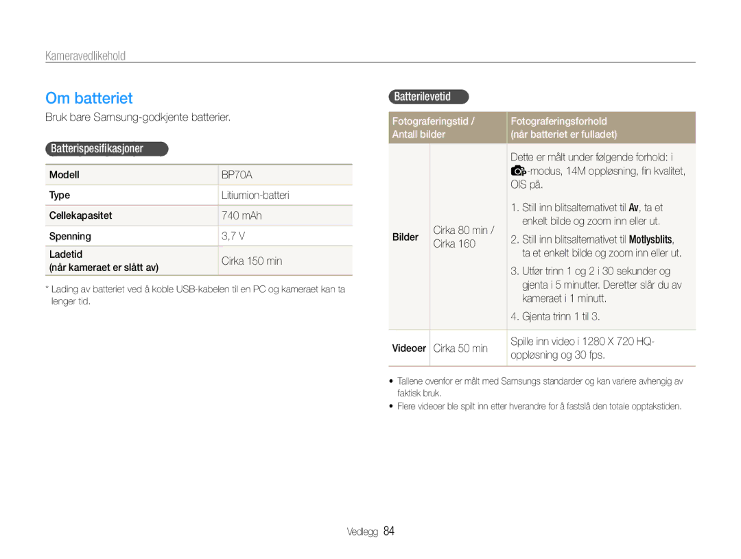 Samsung EC-PL200ZBPBE2, EC-PL200ZBPSE2, EC-PL200ZBPRE2 manual Om batteriet, Batterispesifikasjoner, Batterilevetid 