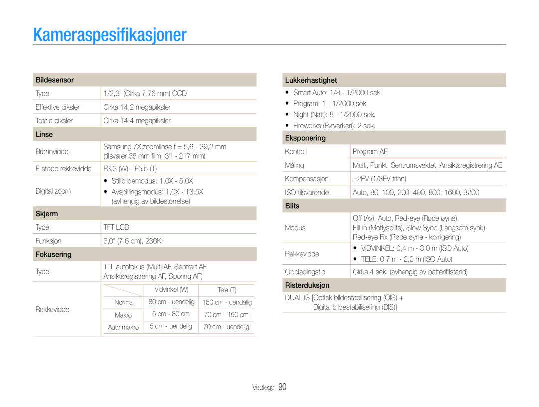 Samsung EC-PL200ZBPBE2, EC-PL200ZBPSE2, EC-PL200ZBPRE2 manual Kameraspesifikasjoner 