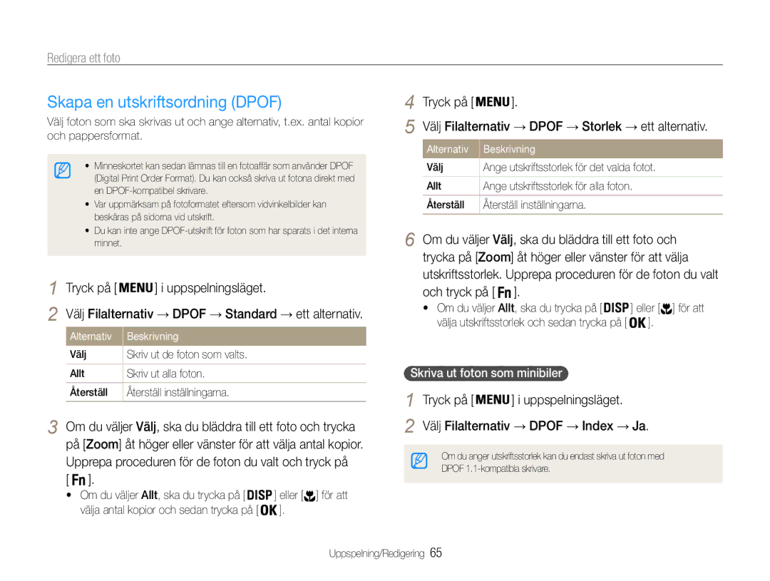 Samsung EC-PL200ZBPSE2, EC-PL200ZBPBE2 manual Skapa en utskriftsordning Dpof, Tryck på, Skriva ut foton som minibiler 